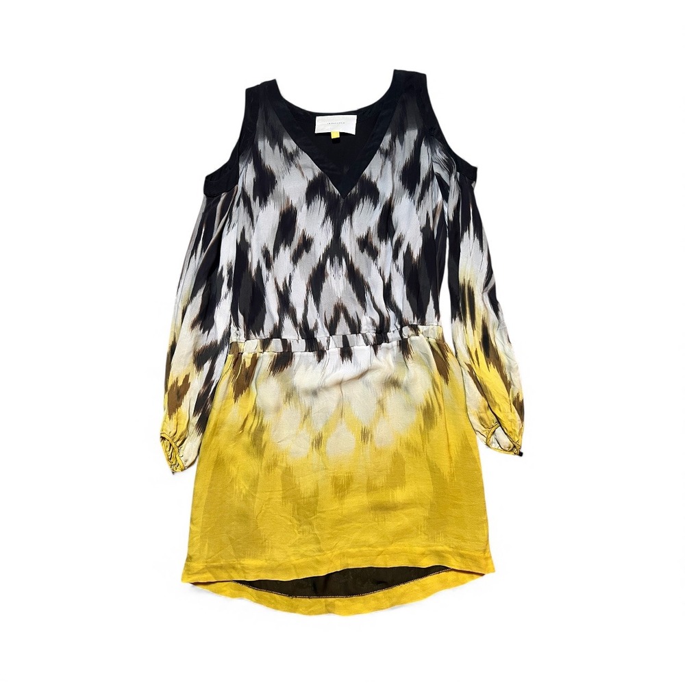 LEIFSDOTTIR Anthropologie Silk Cold Shoulder Midi Dress Ikat Yellow Black Size 8